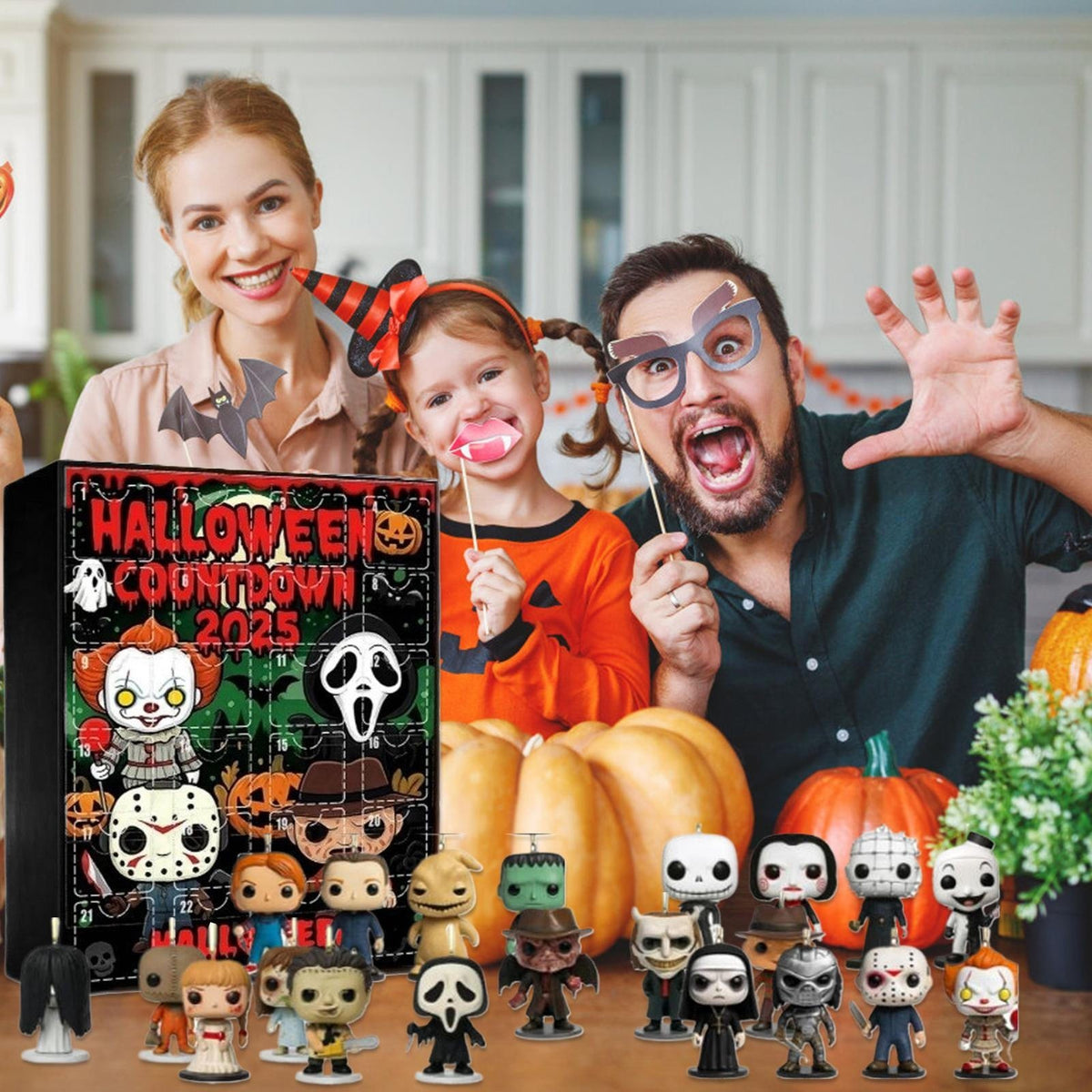 Parents and child pulling scary faces beside the horror advent calendar