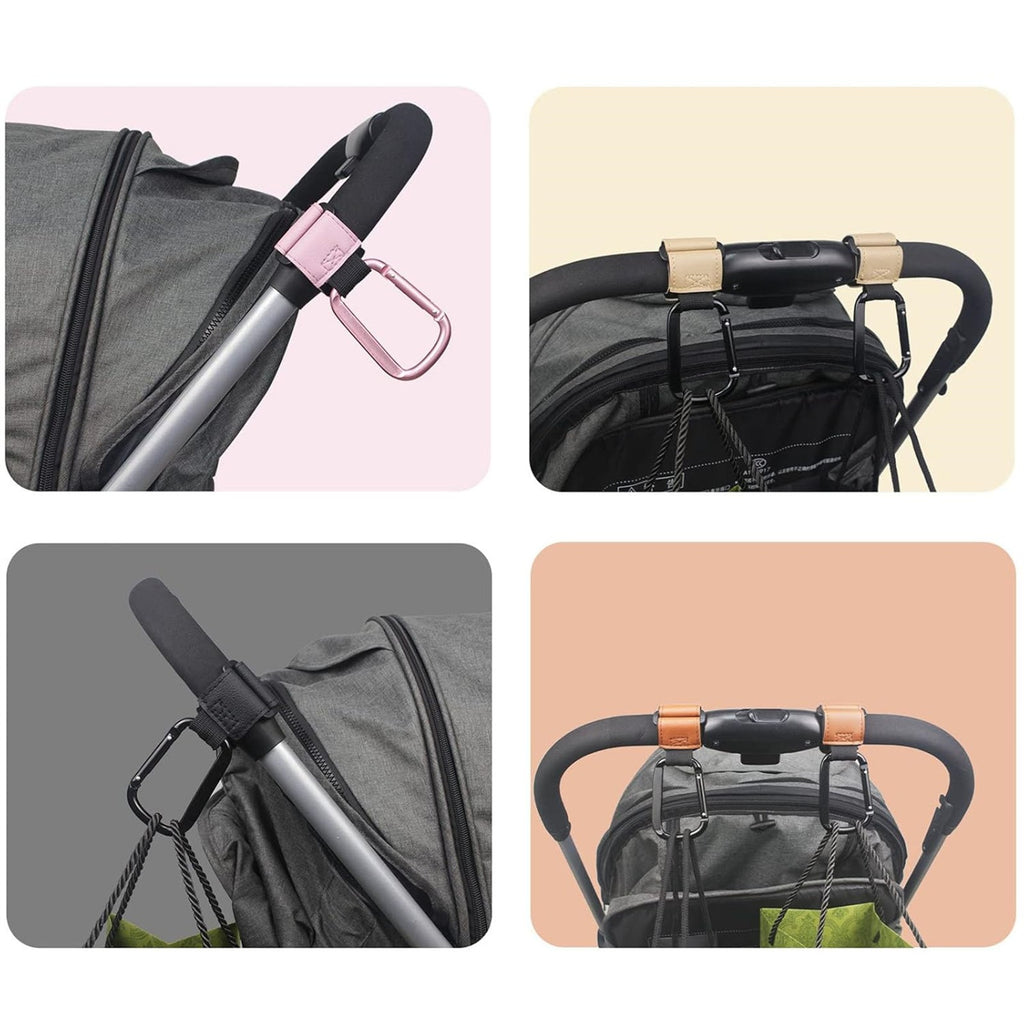 2PCS Metal Pram Hooks - PU Stroller Bag Hangers for Diaper Bags & Shopping Bags