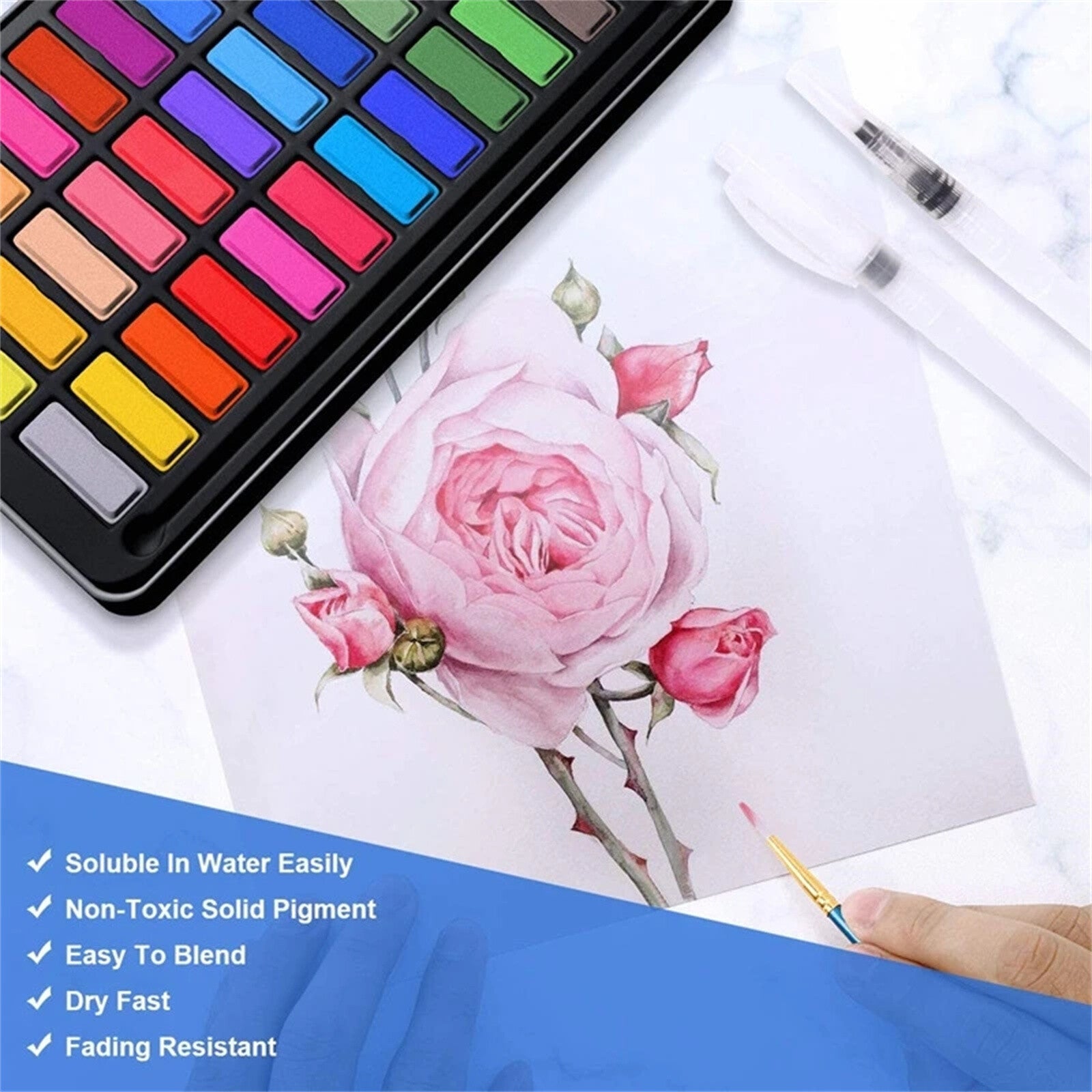 24 or 48 Colour Watercolour Paint Set with Brush - Solid Watercolour Art Kit for Kids and Artists
