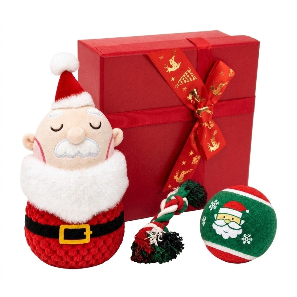 Christmas dog toys – plush Santa, rope tug and plush ball with red gift box