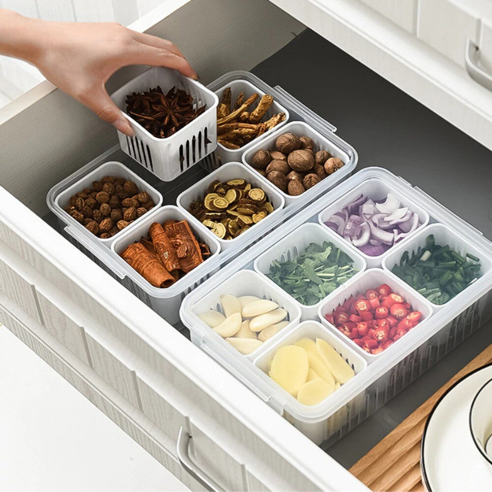2pcs Fridge Storage Organizer Boxes | 6 Grid Vegetable Onion Meat Drain Containers