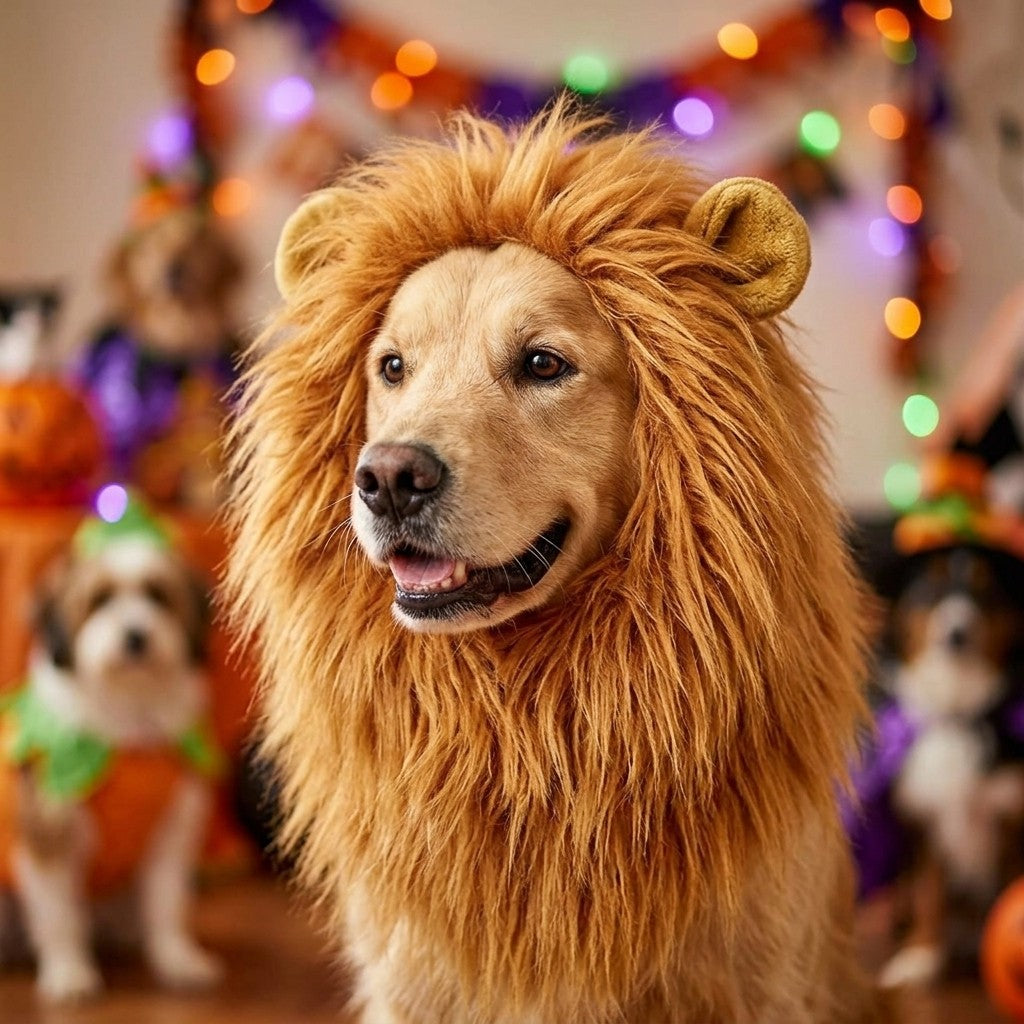 Dog in a lion mane costume at a pet Halloween party