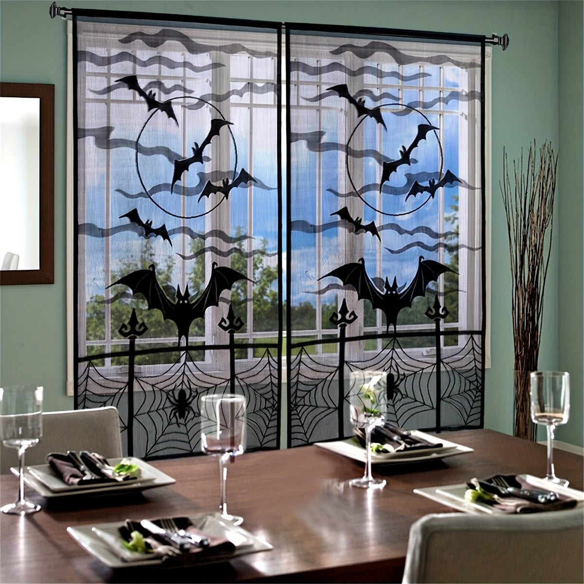 1-4PCS Black Lace Bat Halloween Curtains Gothic Window Party Hanging Decoration