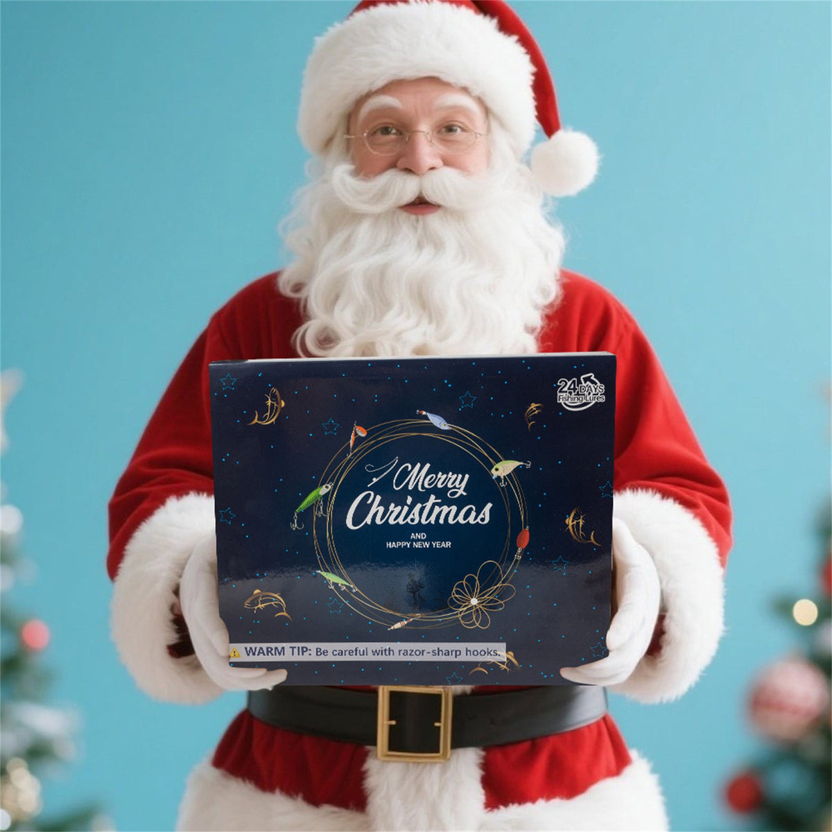 Santa holding a navy Merry Christmas fishing advent calendar box
