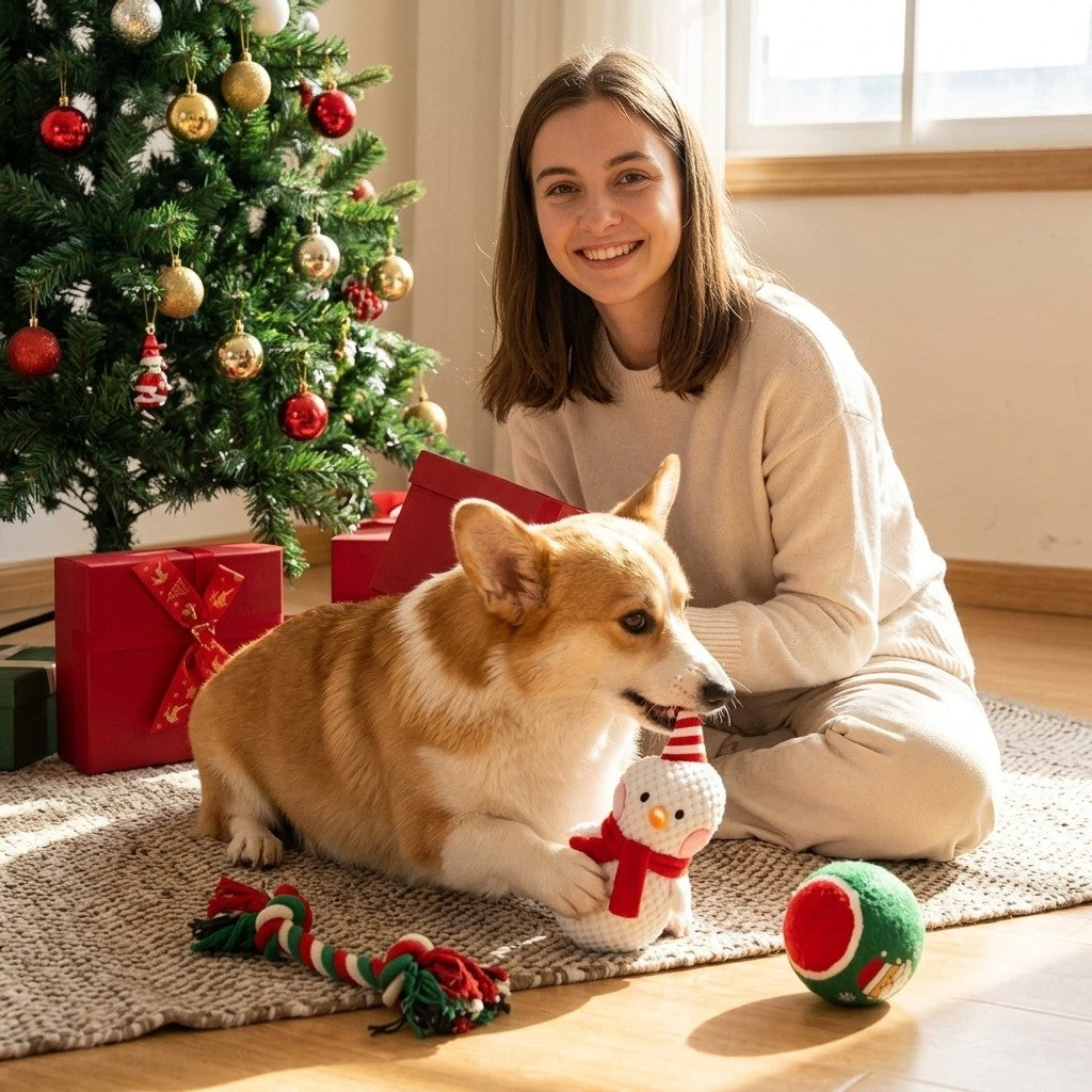 Corgi sitting beside a Christmas tree with snowman plush, rope and ball dog toys