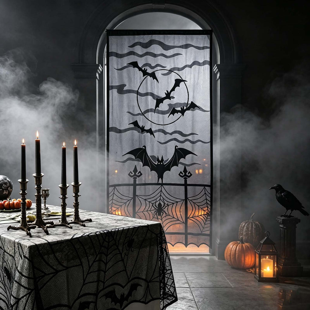 1-4PCS Black Lace Bat Halloween Curtains Gothic Window Party Hanging Decoration