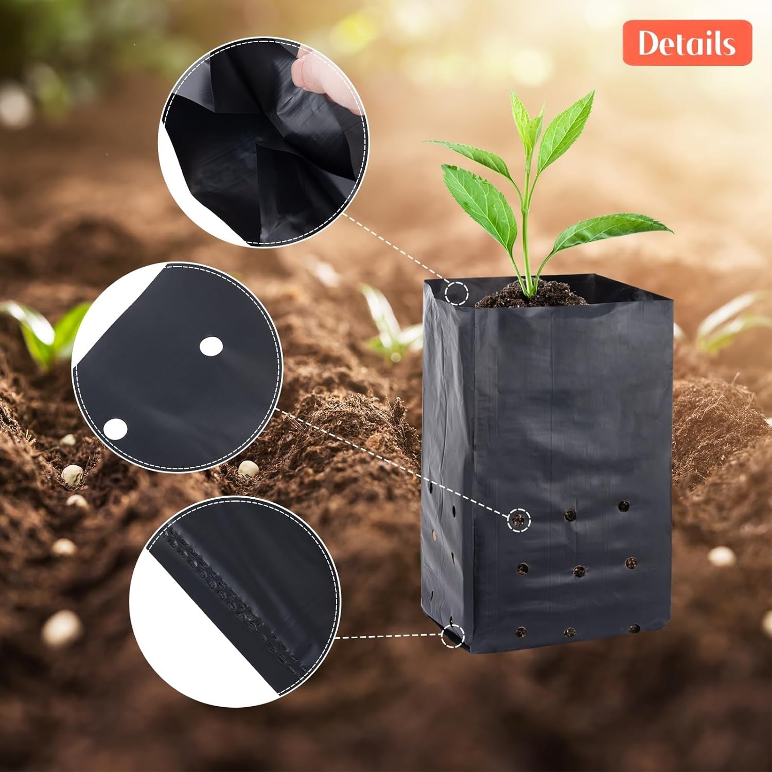 300PCS Plant Grow Bags with Breathable Holes - PE Seedling Nursery Bags in 3 Sizes