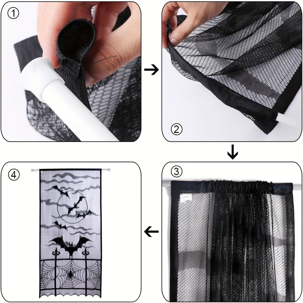 1-4PCS Black Lace Bat Halloween Curtains Gothic Window Party Hanging Decoration