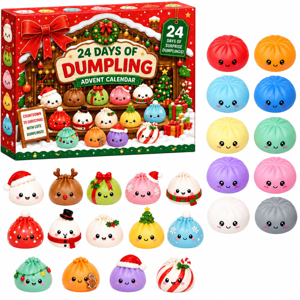 Squishy dumpling advent calendar box and 24 dumpling toys laid out
