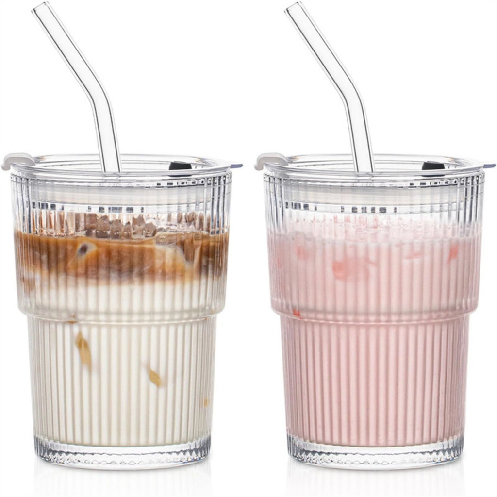 2pcs Iced Coffee Cups Glass Cups with Lids and Straws Coffee Fruit Juice 450ml