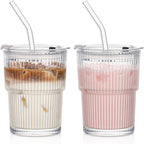 2pcs Iced Coffee Cups Glass Cups with Lids and Straws Coffee Fruit Juice 450ml