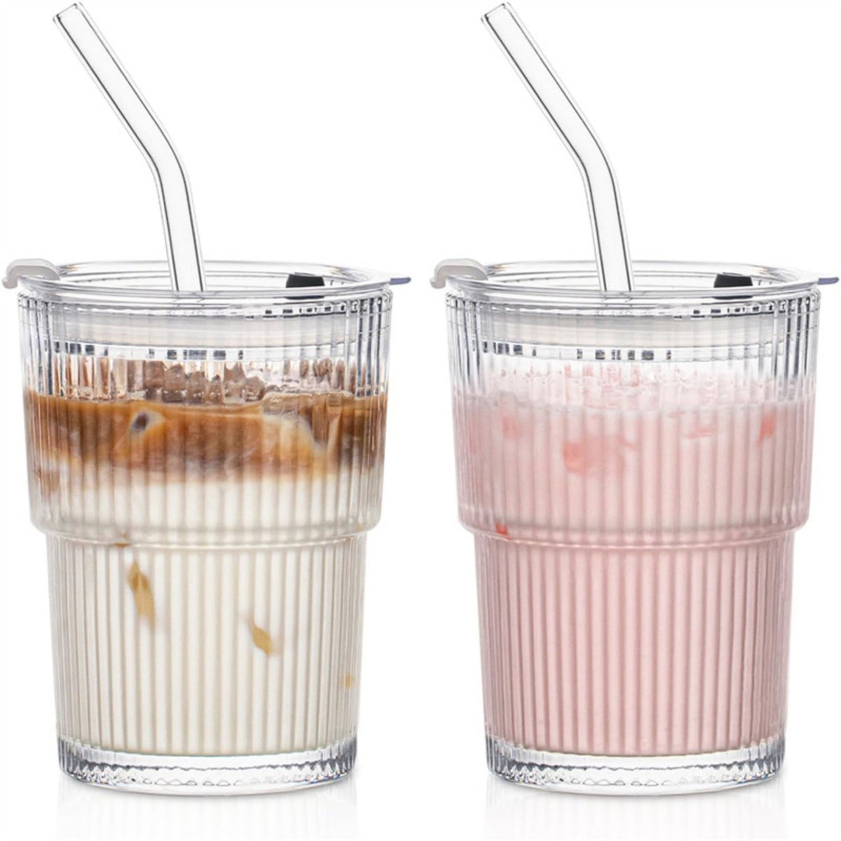 2pcs Iced Coffee Cups Glass Cups with Lids and Straws Coffee Fruit Juice 450ml