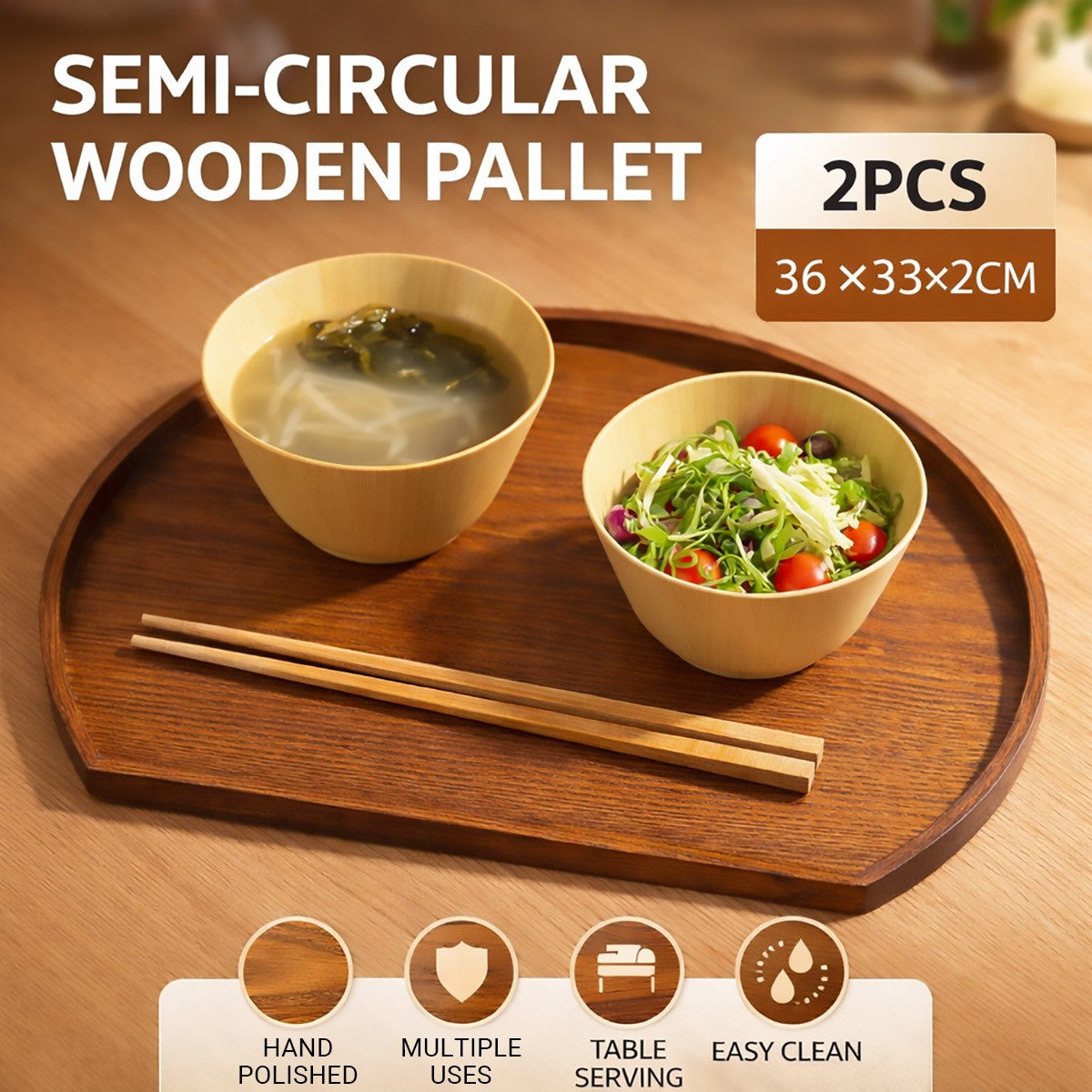 2PCS Semi-Circular Wooden Serving Pallets