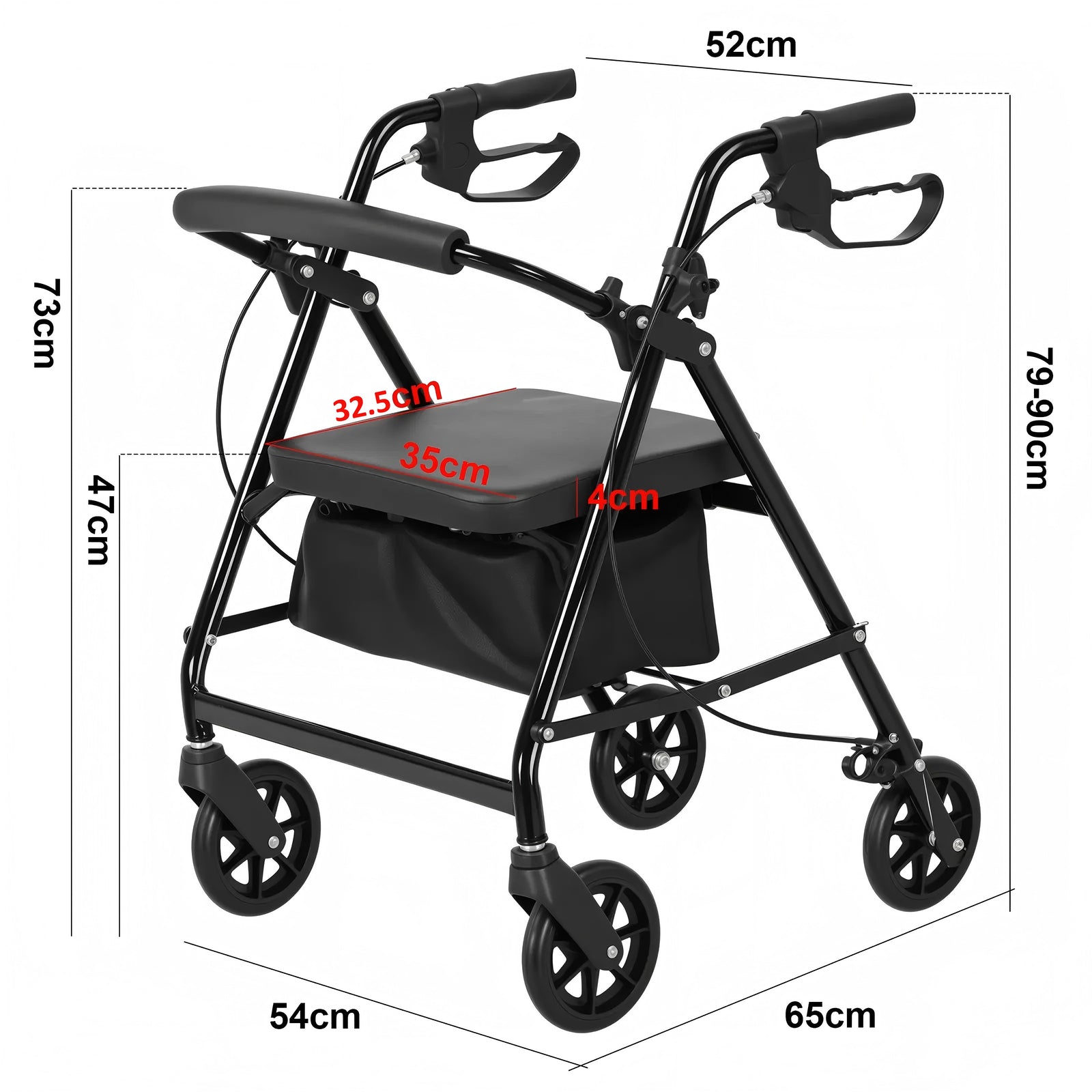 4-Wheel Rollator Walker Folding Mobility Aid with Seat Brakes & Storage Bag for Seniors