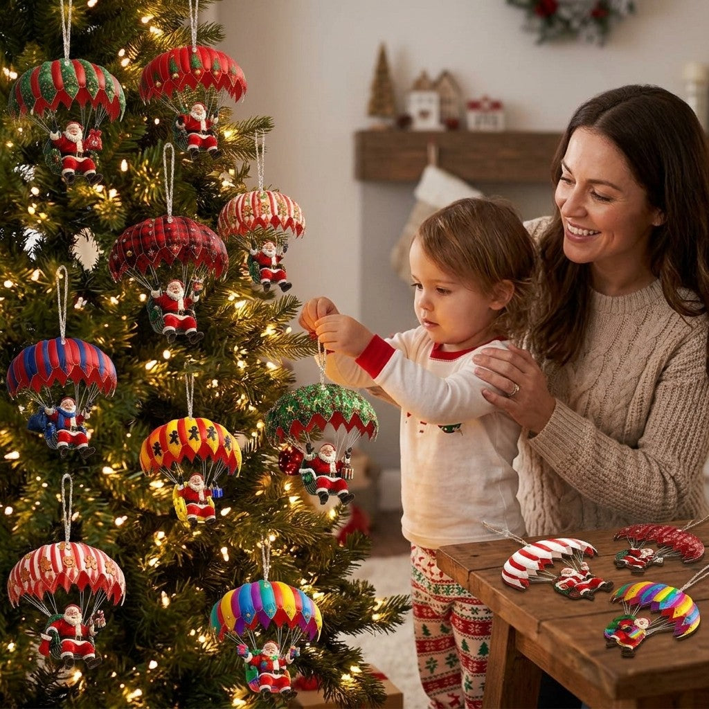 Mother and child decorating a Christmas tree with wooden Santa parachute ornaments