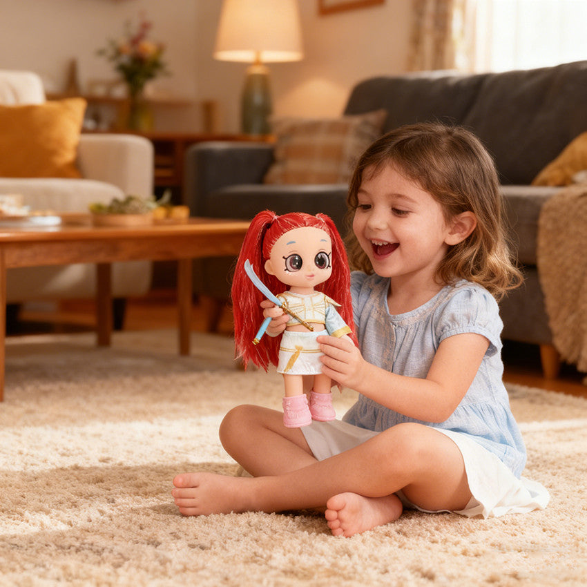 Girl playing with a red hair big eye doll on the lounge room rug