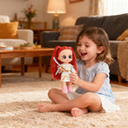 Girl playing with a red hair big eye doll on the lounge room rug