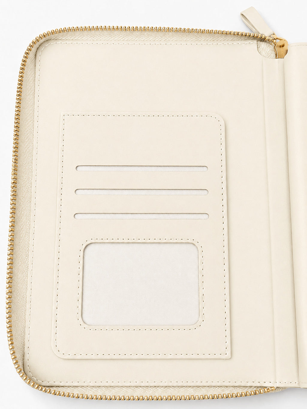 Inside cover of the zip diary with card slots and a clear ID window