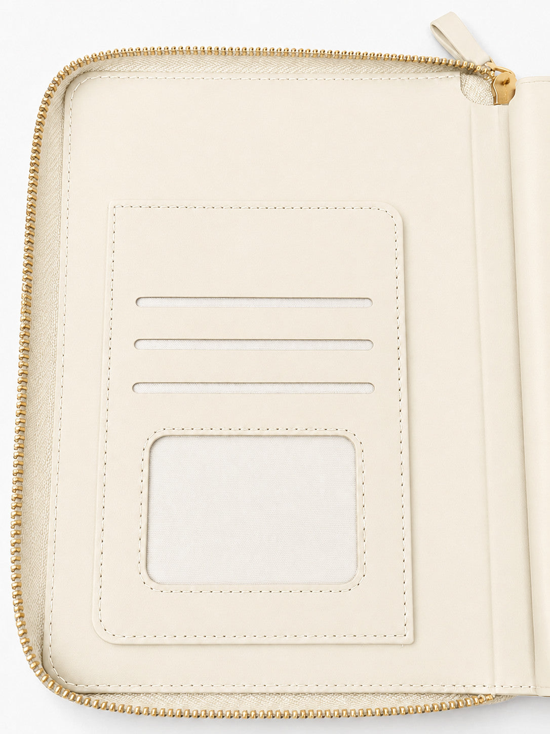 Inside cover of the zip diary with card slots and a clear ID window