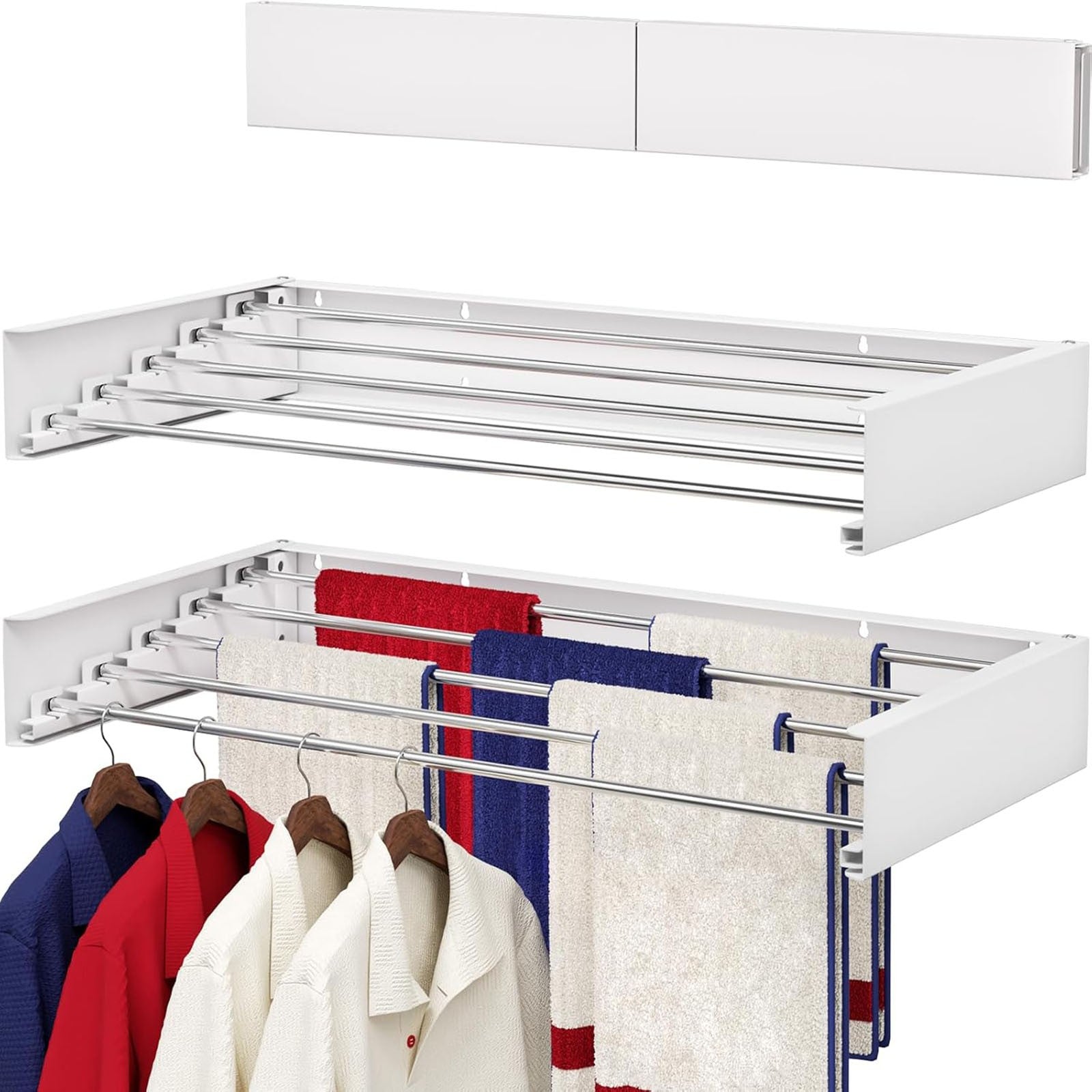 80CM Foldable Wall Mounted Clothes Drying Rack - Metal Towel and Laundry Holder White