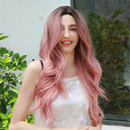 Long pink wig worn for fancy dress