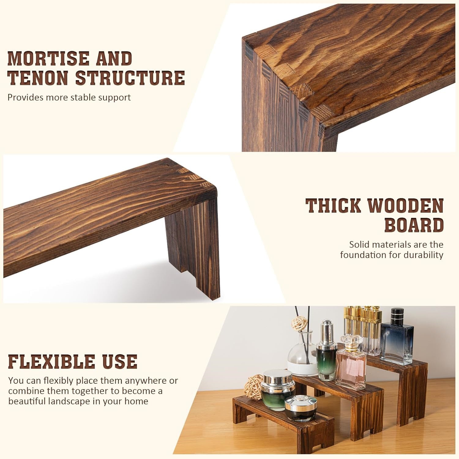 6pcs 3 Tier Wooden Display Risers Set | Rectangular Cupcake Dessert & Retail Display Stands