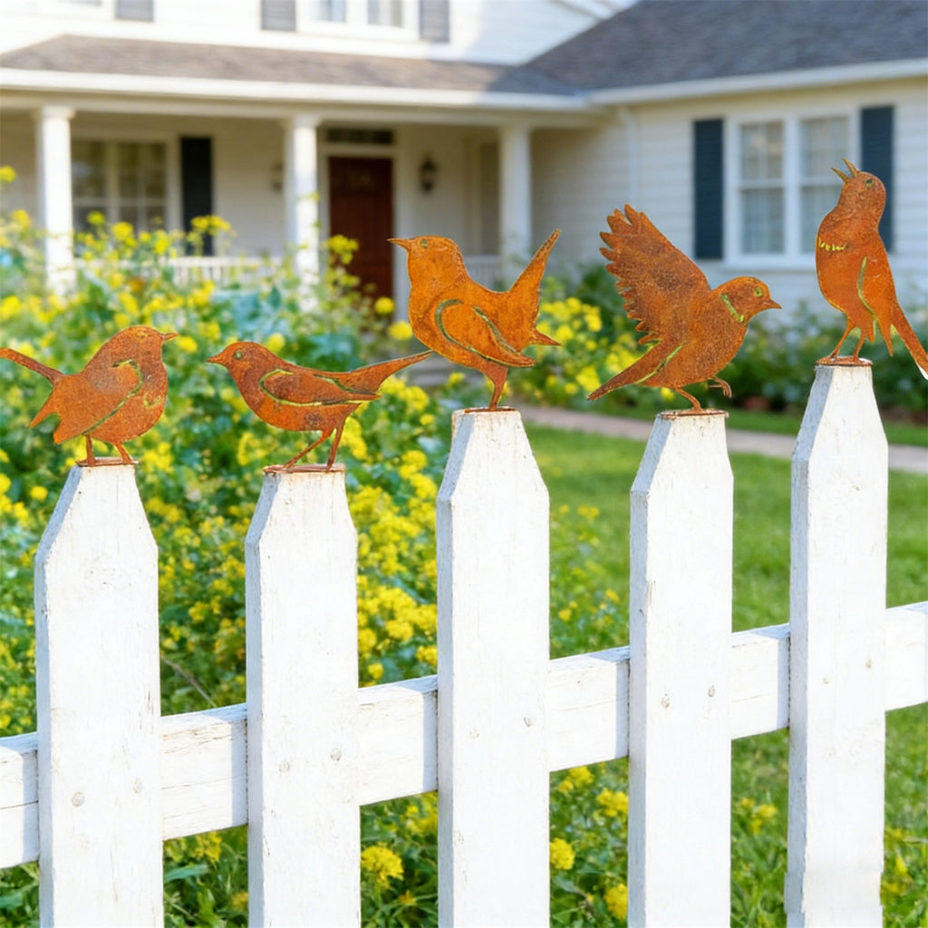 5pcs Rusty Bird Silhouette Garden Decor | Metal Bird Ornaments with Rustic Patina