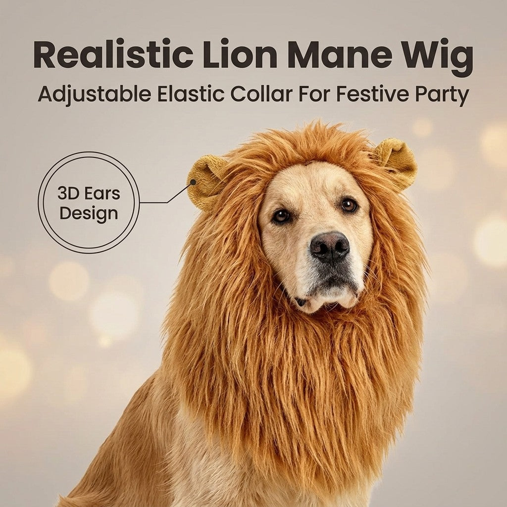 Dog lion mane with 3D ears and an adjustable elastic collar