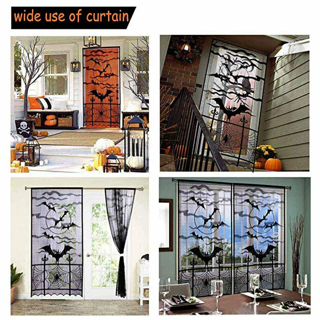 1-4PCS Black Lace Bat Halloween Curtains Gothic Window Party Hanging Decoration