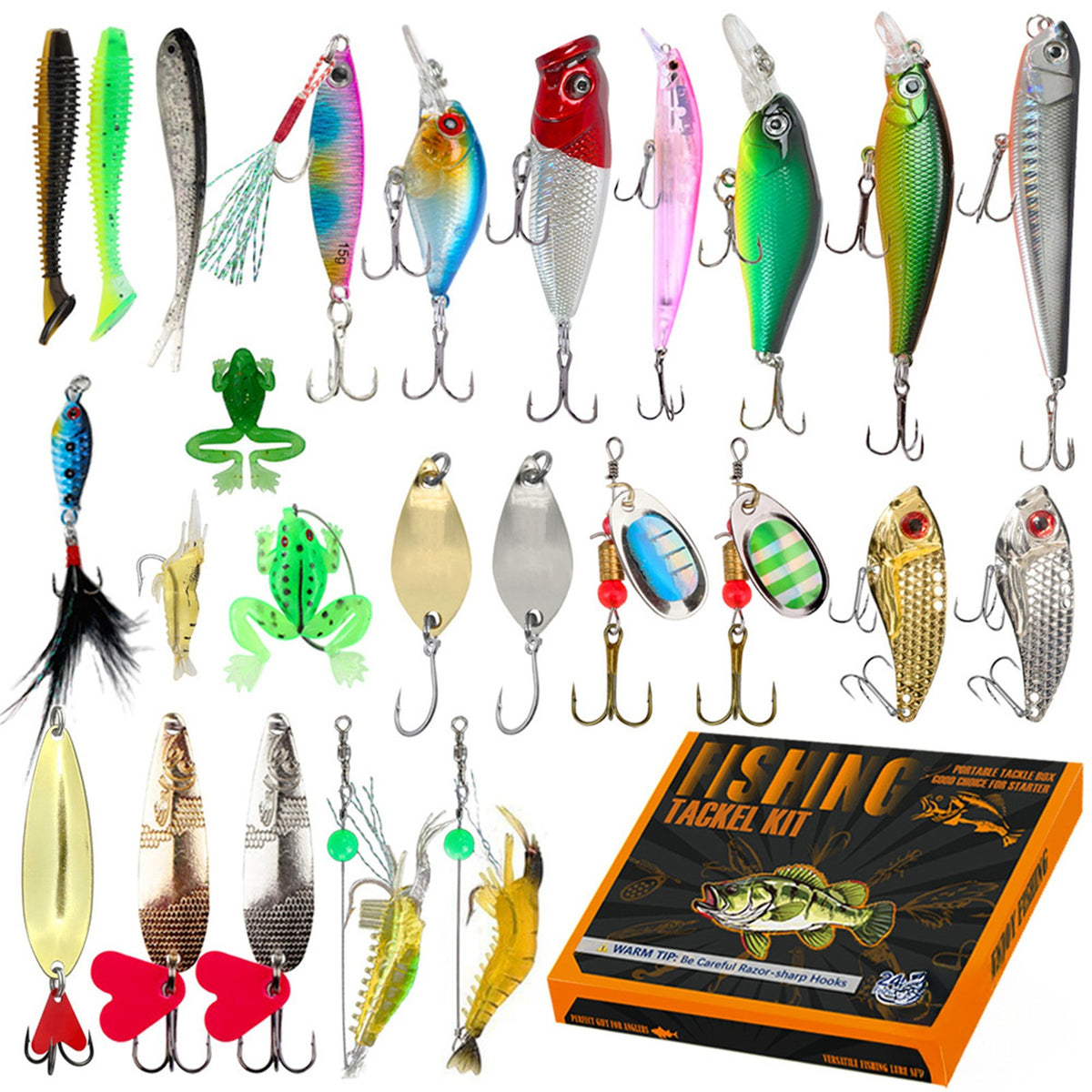 Set E orange fishing tackle kit box with crankbaits, spoons, spinners and shrimp rigs