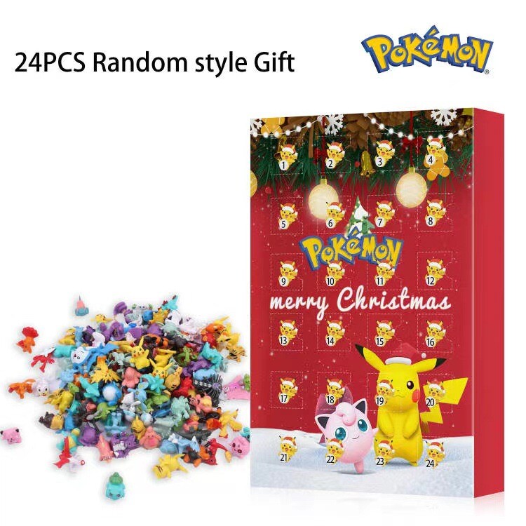 24 random mini anime figures beside the Christmas advent calendar box