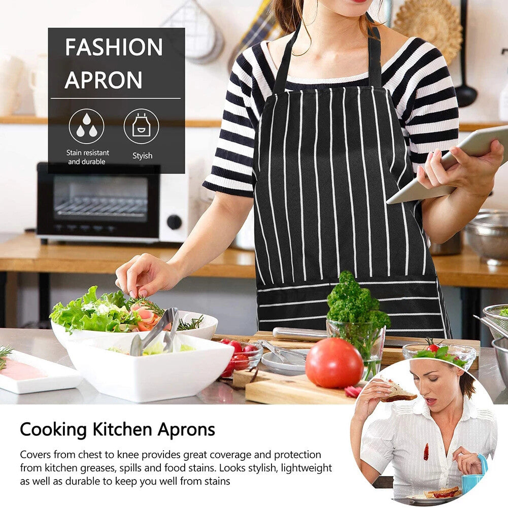 3PCS Striped Kitchen Apron with 2 Pockets – Unisex Chef Cooking BBQ Apron Washable