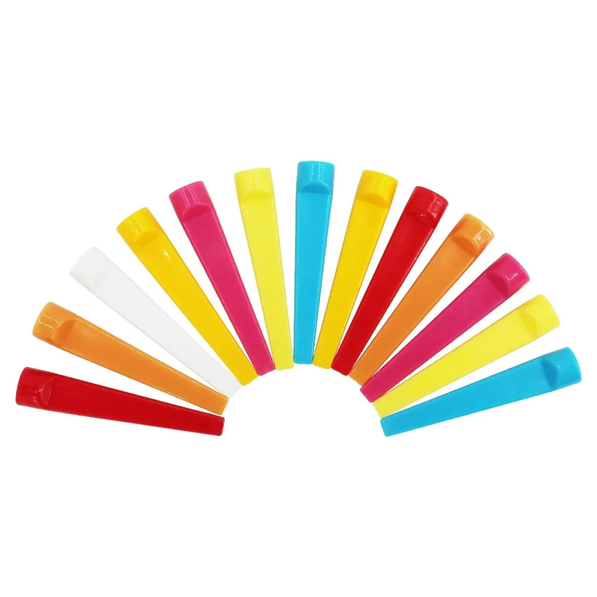 Coloured plastic golf tees fanned out on white