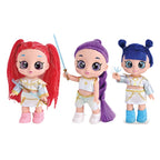 Three big eye dolls with red, purple and blue hair on a white background