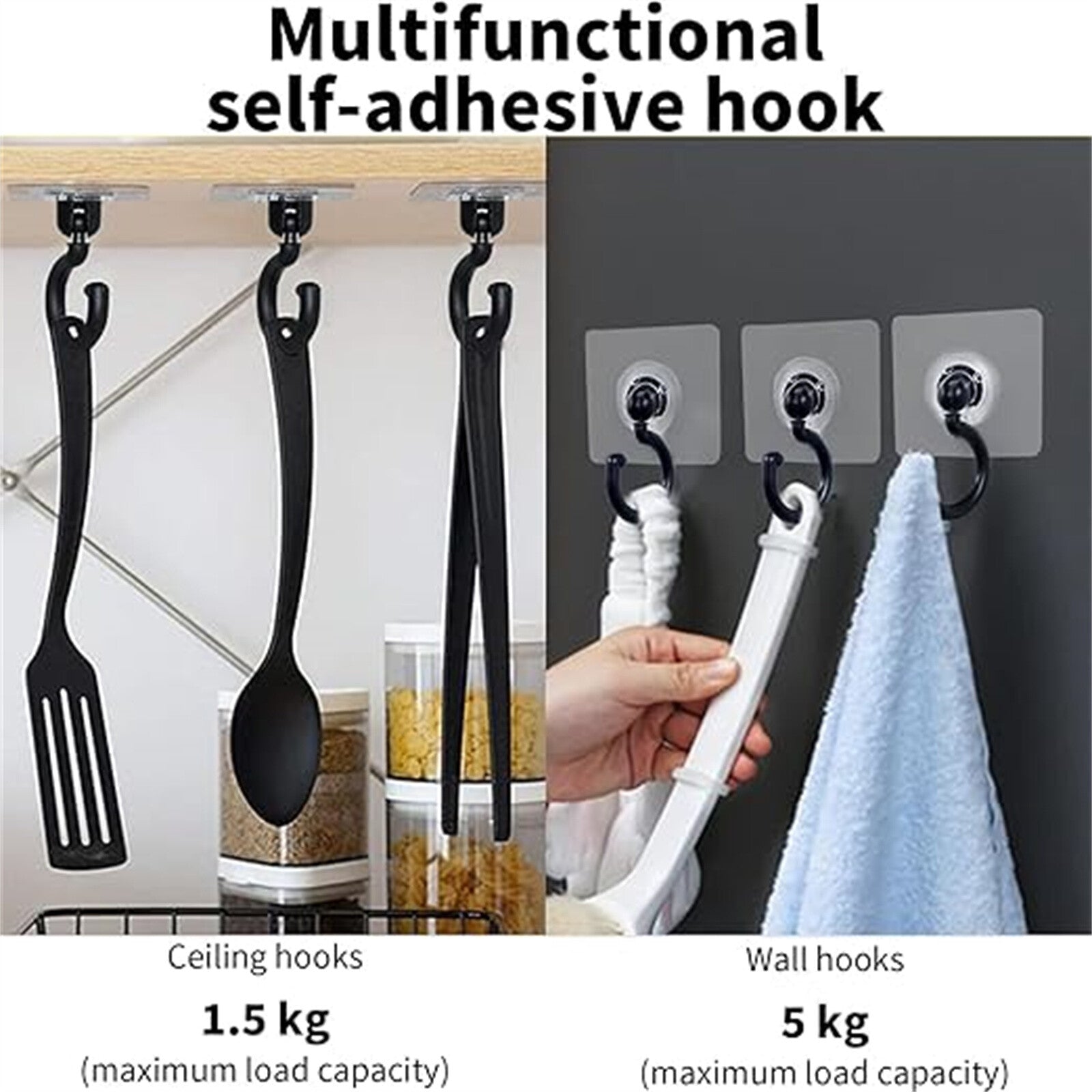 5PCS Rotatable Self Adhesive Wall Hooks Ceiling Door Hanger Heavy Duty Black