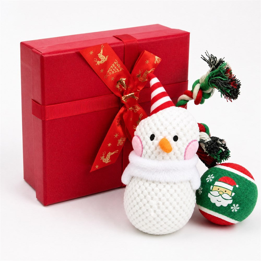 Plush snowman dog toy, rope tug and plush ball with red Christmas gift box