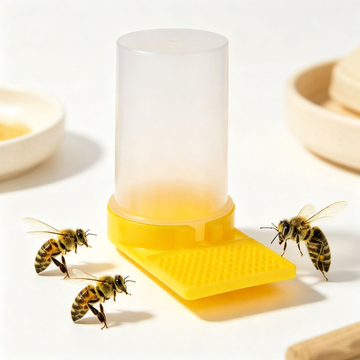 Bee feeder with bees on the tray