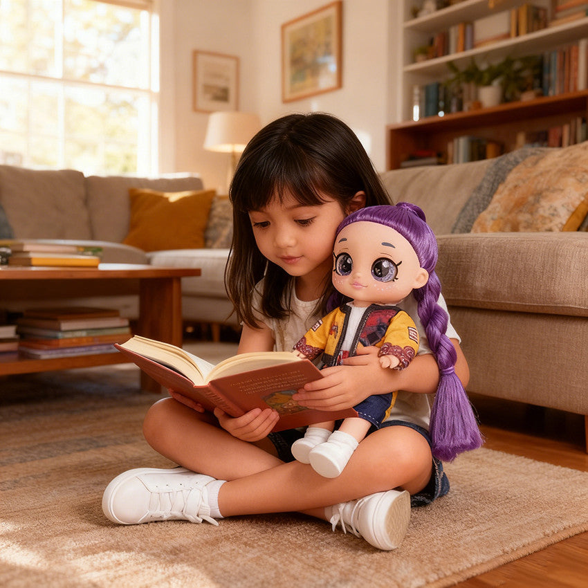 Girl reading a book with her purple hair big eye doll
