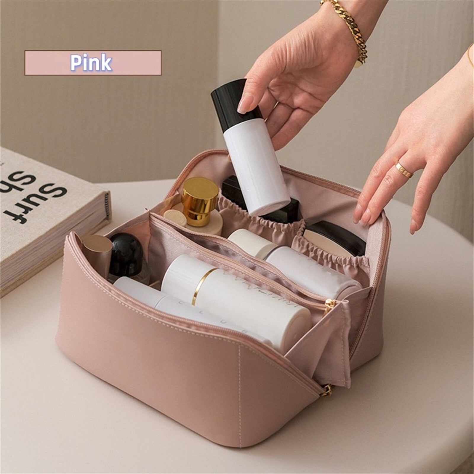 2PCS Travel Makeup Bag Set - Large Capacity Cosmetic Bag and Open Flat Toiletry Bag Pink