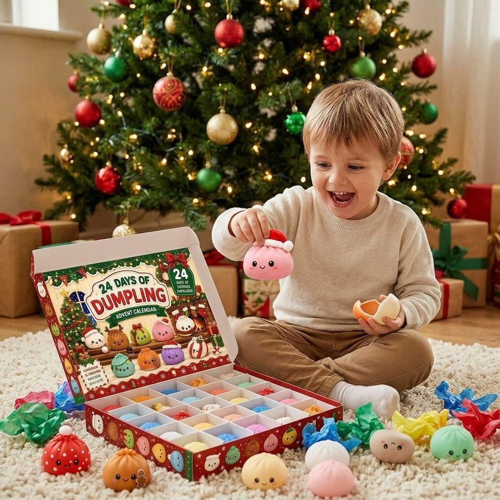 Child playing with dumpling squishies from an open 24-door advent calendar