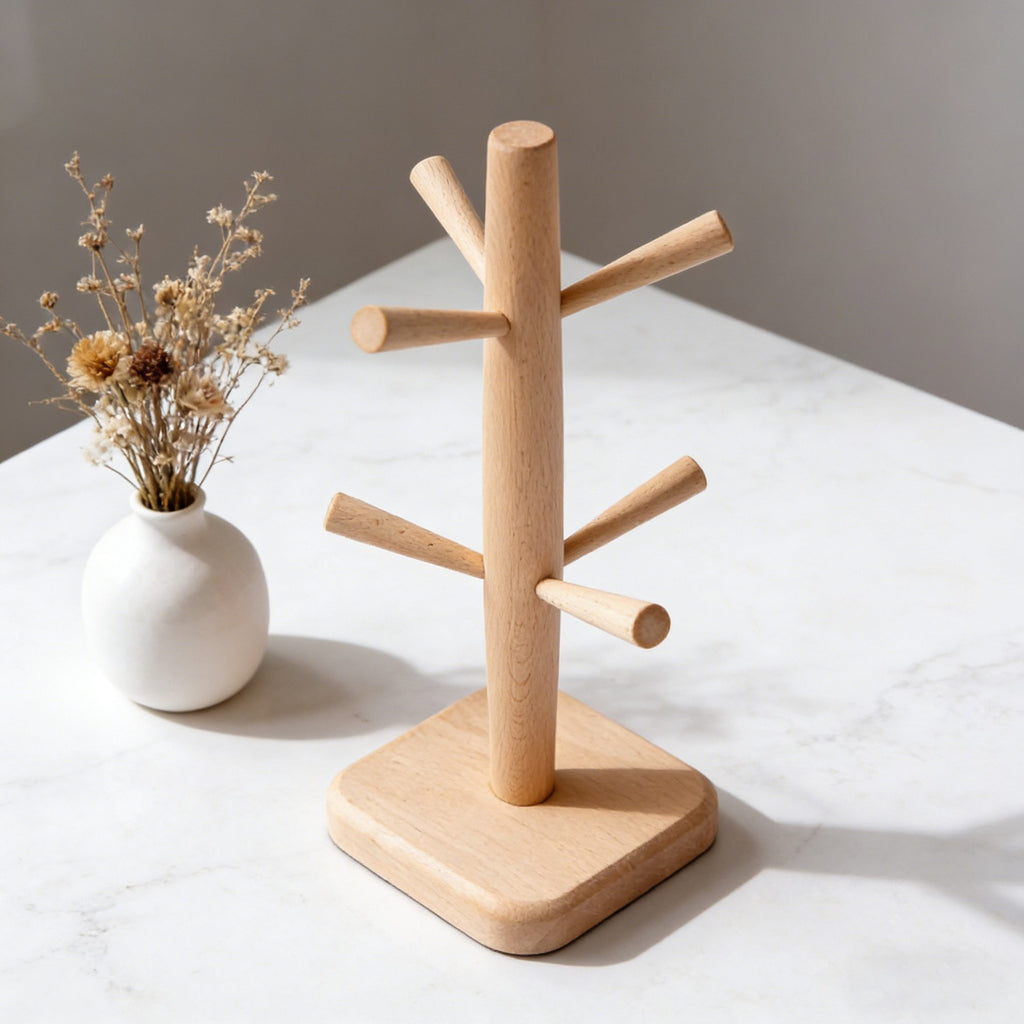 2PCS Wooden Mug Rack Tree with 6 Hooks - Coffee Cup Organiser Stand for Kitchen Counter