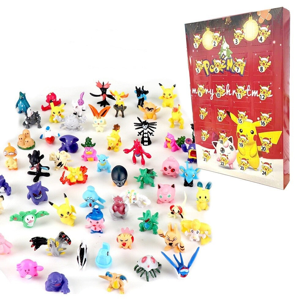 24 mini anime creature figures in front of the kids advent calendar box
