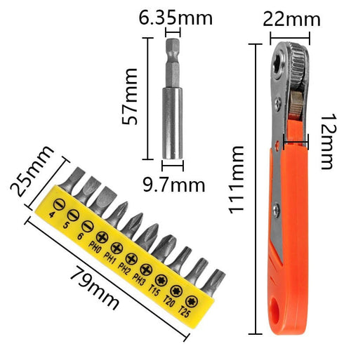 1 or 2 Set Ratcheting Right Angle Screwdriver - 90 Degree Offset Hex Drive with Bits