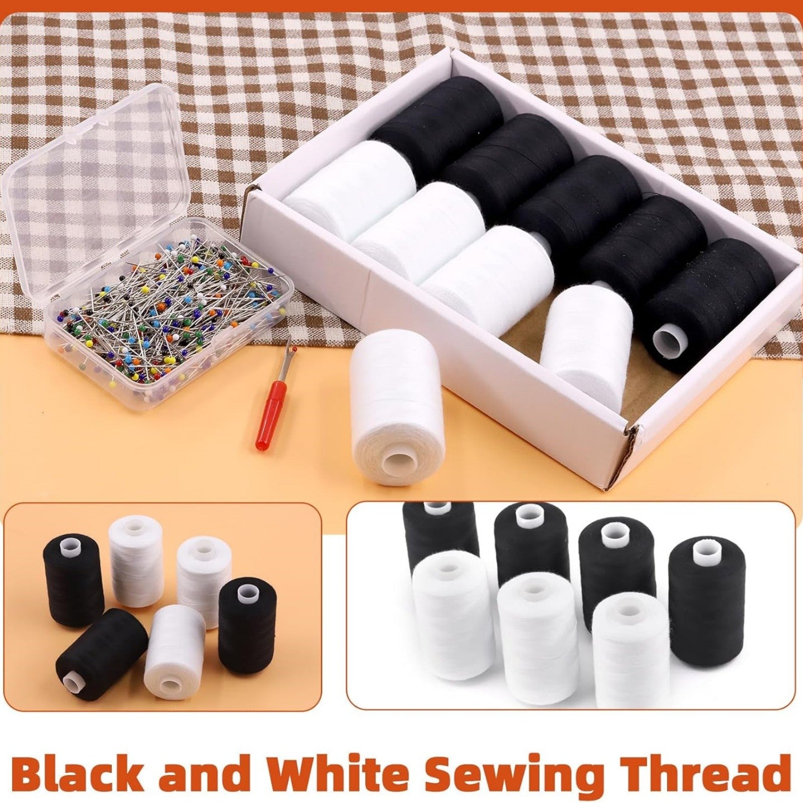 8pcs Polyester Sewing Thread Spools 500m | Black & White Quilting Embroidery Thread Set