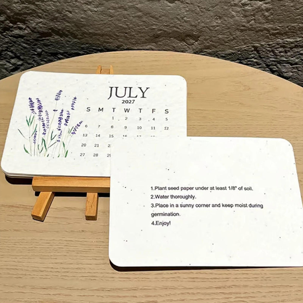 Back of seed paper calendar card showing planting instructions beside July card