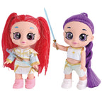 Red and purple hair big eye dolls with toy accessories on a white background