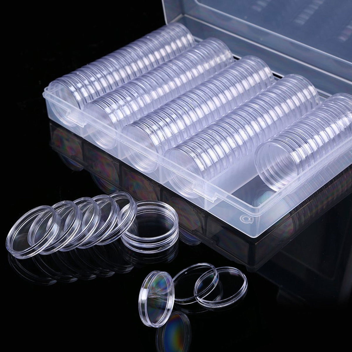 Coin capsules beside the storage box