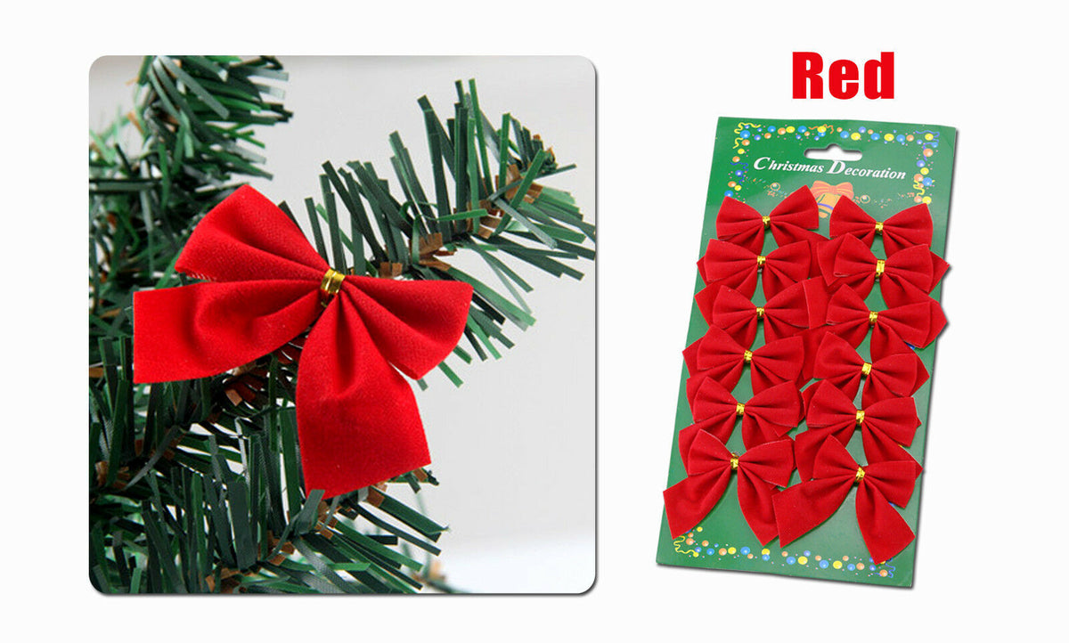 Red Christmas bow on a tree branch and a 12 pack of red bows