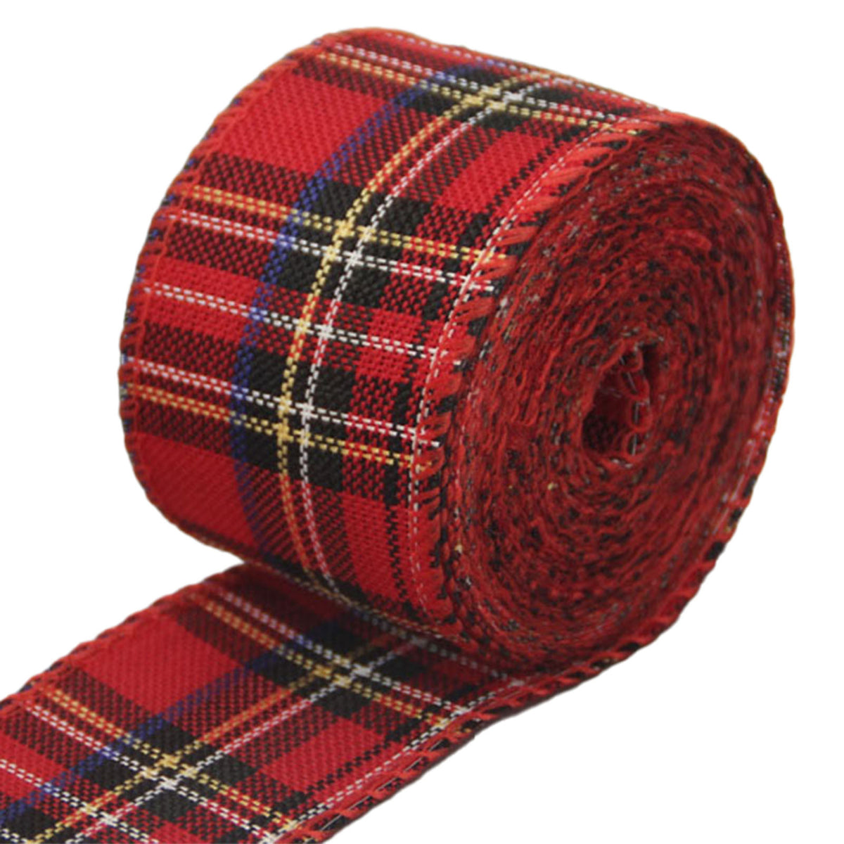 Wired Christmas ribbon roll style 1 – red tartan with yellow and green lines, 40mm x 6m