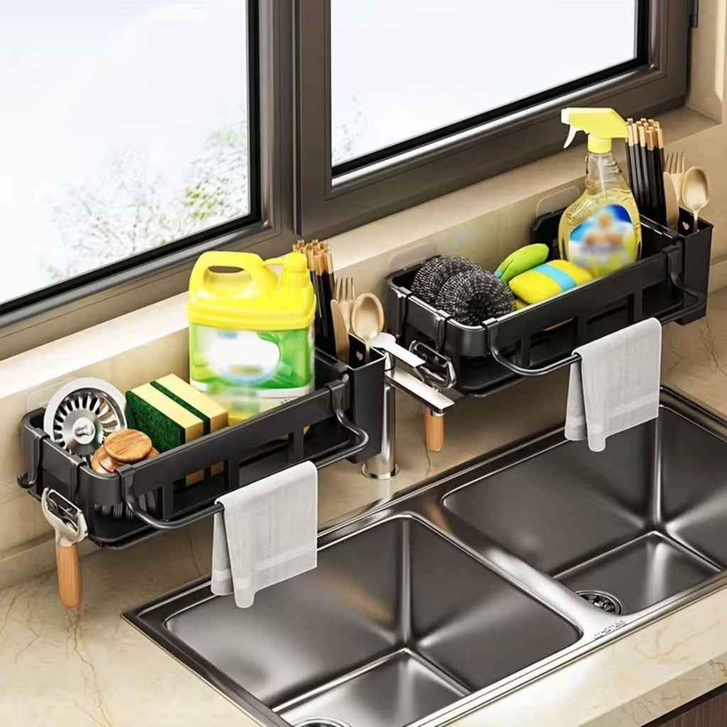 Kitchen Sink Caddy Organizer with Sponge Soap Brush Holder – Countertop Storage Rack with Hooks